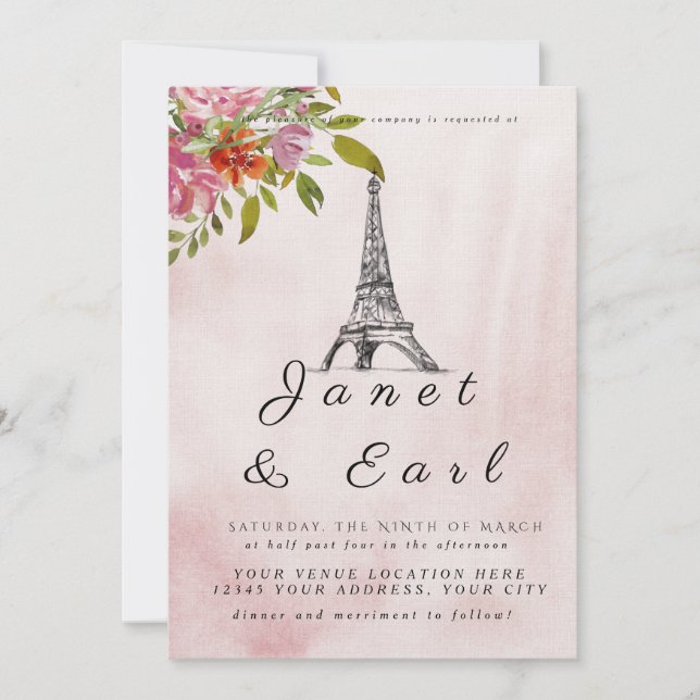 Burgundy Parisian Eiffel Tower Wedding Invitations (Front)