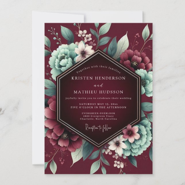 Burgundy Passionate Flora Wedding Invitation (Front)