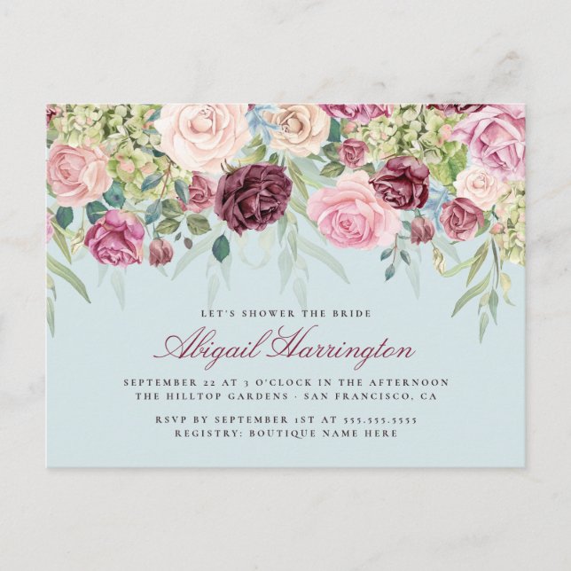 Burgundy & Pastel Watercolor Floral Bridal Shower Invitation Postcard (Front)