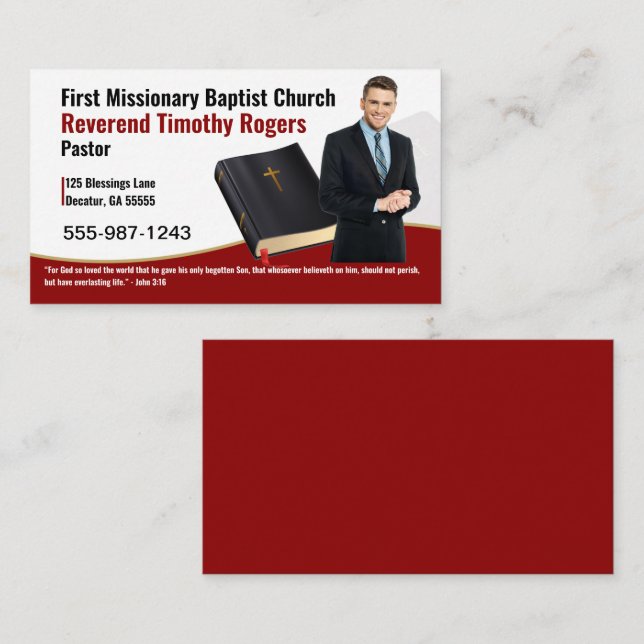 Burgundy Pastor or Deacon Photo Church Business Card (Front/Back)