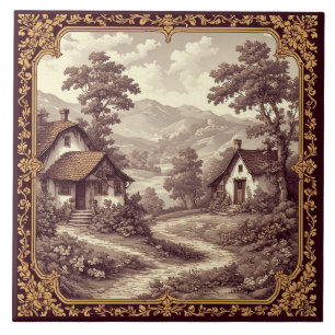 Burgundy Pastoral French Toile Vineyard Country  Ceramic Tile