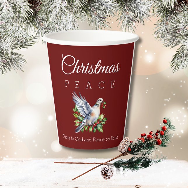 Burgundy Peace Dove Holly Christian Christmas Paper Cups (Creator Uploaded)