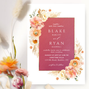 Burgundy Peach Blush and Cream Floral Chic Wedding Invitation