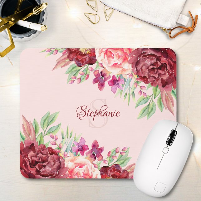 Burgundy Peach Blush Floral Monogram Mouse Pad (Creator Uploaded)