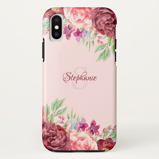 Burgundy Peach Blush Floral Rose Monogram Case-Mate iPhone Case (Back)