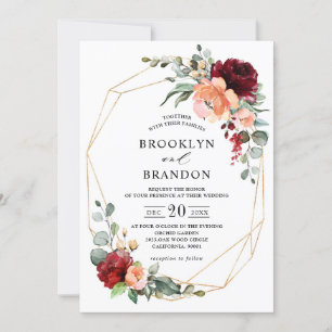 Burgundy Peach Coral Orange Eucalyptus Wedding Invitation