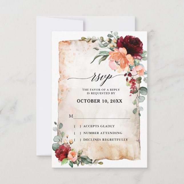 Burgundy Peach Coral Pink Roses Eucalyptus RSVP Card (Front)