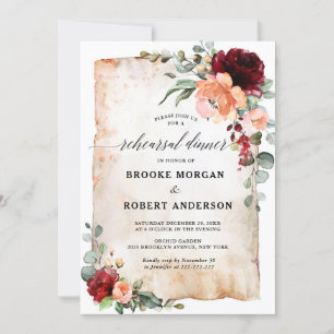 Burgundy Peach Coral Pink Roses Rehearsal Dinner Invitation