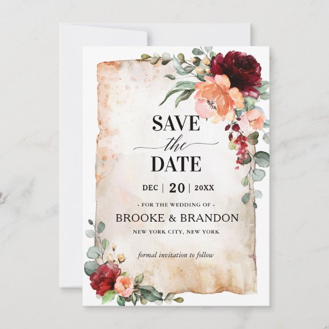 Burgundy Peach Coral Pink Roses Save the Date Card (Front)