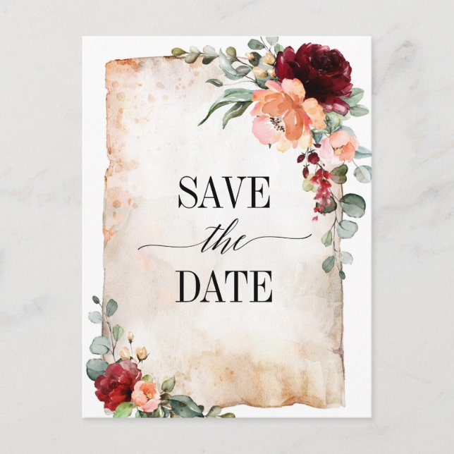 Burgundy Peach Coral Pink Roses Save the Date Postcard (Front)