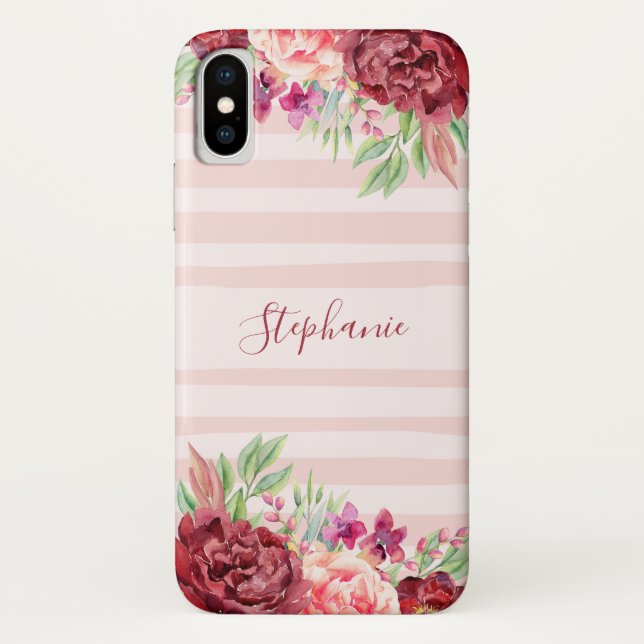 Burgundy Peach Floral Blush Stripes Monogram Case-Mate iPhone Case (Back)