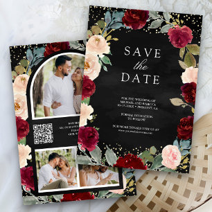 Burgundy Peach Floral Photo Black QR Code Wedding Save The Date