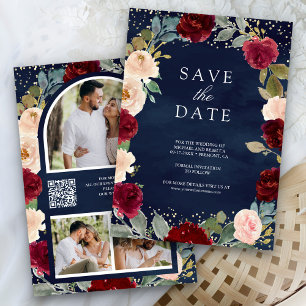 Burgundy Peach Floral Photo Navy QR Code Wedding Save The Date