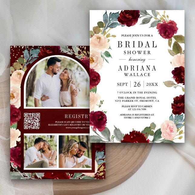 Burgundy Peach Floral Photo QR Code Bridal Shower Invitation (Creator Uploaded)