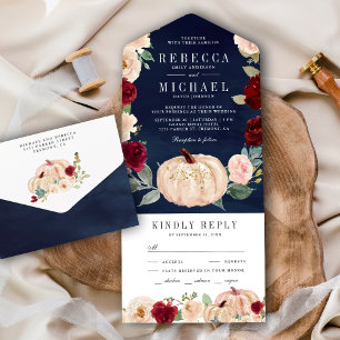 Burgundy Peach Floral Pumpkin Navy Blue Wedding All In One Invitation