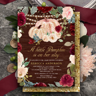 Burgundy Peach Floral Pumpkin Wood Baby Shower Invitation