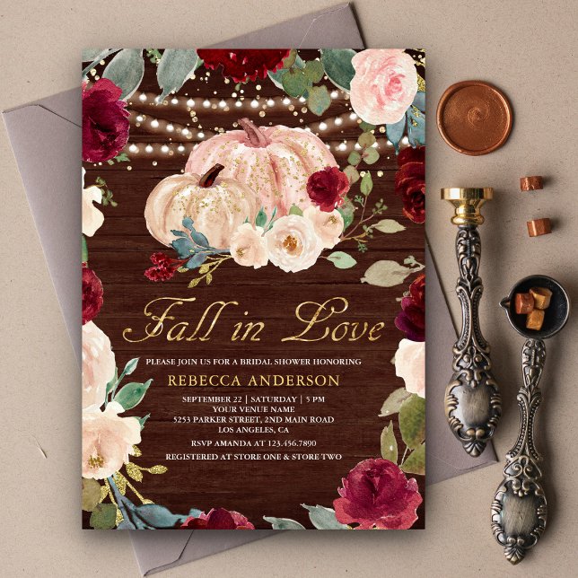 Burgundy Peach Floral Pumpkin Wood Bridal Shower Invitation (Creator Uploaded)