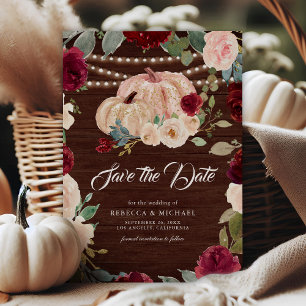 Burgundy Peach Floral Pumpkin Wood Wedding Save The Date