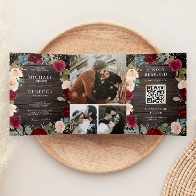 Burgundy Peach Floral QR Code Barn Wood Wedding Tri-Fold Invitation (Creator Uploaded)