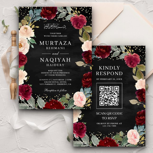 Burgundy Peach Floral QR Code Black Muslim Wedding Invitation (Creator Uploaded)