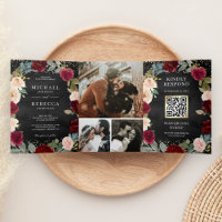 Burgundy Peach Floral QR Code Black Wedding