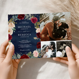 Burgundy Peach Floral QR Code Navy Blue Wedding Invitation