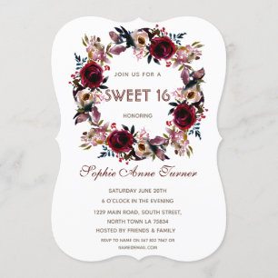 Burgundy Peach Floral Sweet Sixteen Party Invitation