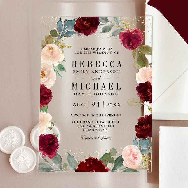 Burgundy Peach Floral Wedding Acrylic Invitations (Creator Uploaded)