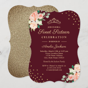 Burgundy Peach Gold Floral Confetti Sweet Sixteen Invitation