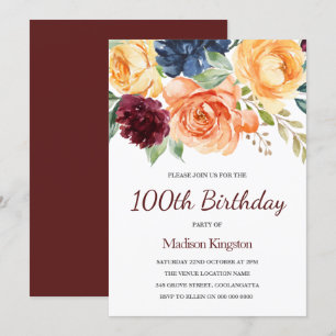 Burgundy Peach Navy Floral 100th Birthday Invitation