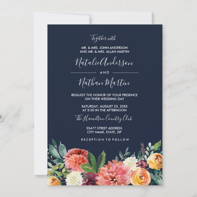 Burgundy Peach Navy Watercolor Floral Wedding Invitation (Front)