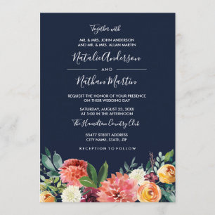 Burgundy Peach Navy Watercolor Floral Wedding Invitation