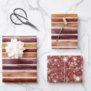 Burgundy Peach Orange Red Stripes Birthday Wrapping Paper Sheet