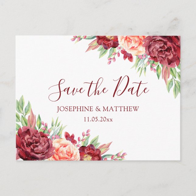 Burgundy Peach Rose Floral Wedding Save The Date Announcement Postcard (Front)