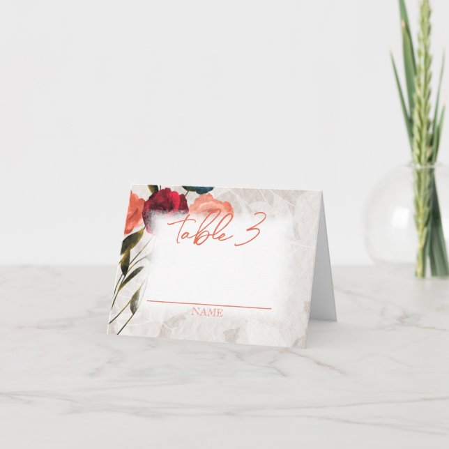 Burgundy, Peach Roses Folded Wedding Table Name Note Card (Front)