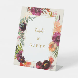 Burgundy + Peach Watercolor Floral Wedding  Pedestal Sign