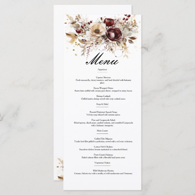 Burgundy peonies double sided wedding menu (Front/Back)