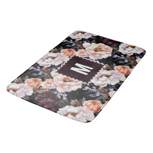 Burgundy Peonies Floral Pattern Monogram Bath Mat