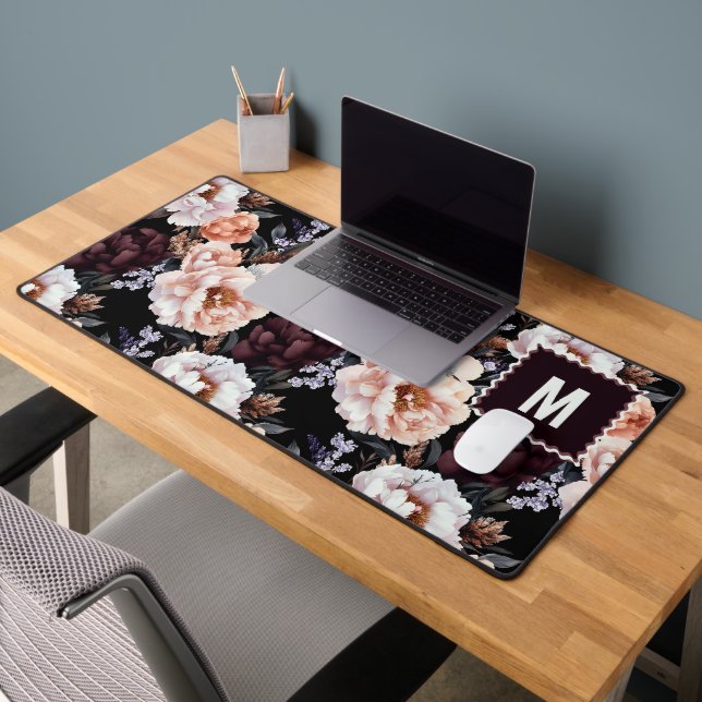 Burgundy Peonies Floral Pattern | Monogram Desk Mat (Office 2)