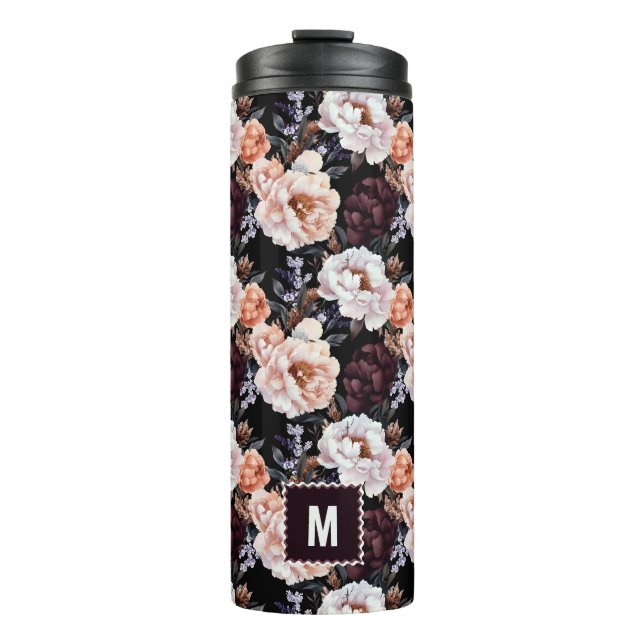 Burgundy Peonies Floral Pattern | Monogram Thermal Tumbler (Front)