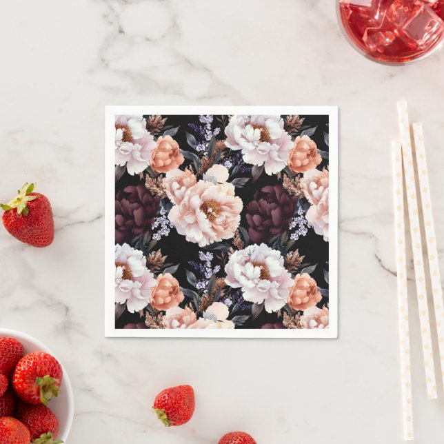 Burgundy Peonies Floral Pattern Napkin (Insitu)