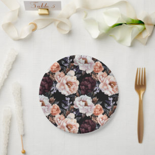 Burgundy Peonies Floral Pattern Paper Plate