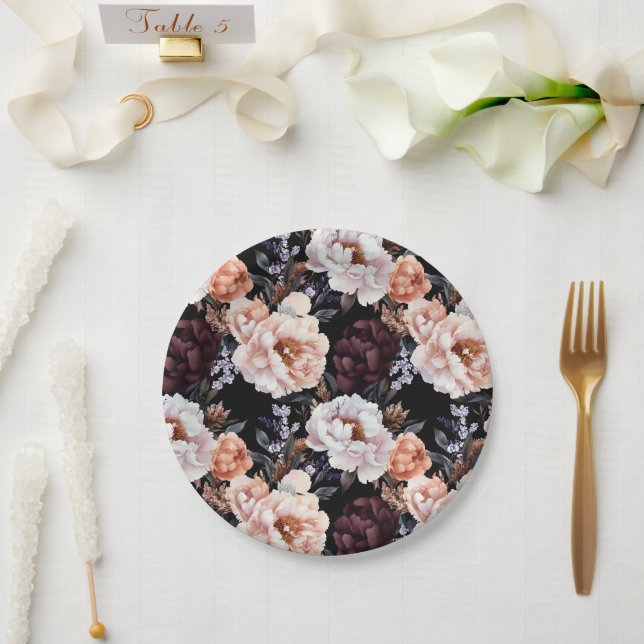 Burgundy Peonies Floral Pattern Paper Plate (Wedding)