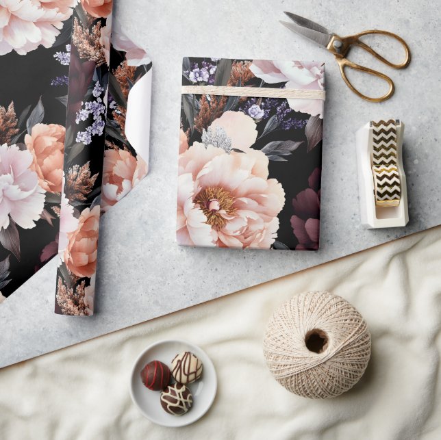 Burgundy Peonies Floral Pattern Wrapping Paper (Crafts)