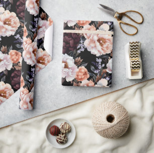 Burgundy Peonies Floral Pattern Wrapping Paper
