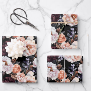 Burgundy Peonies Floral Pattern Wrapping Paper Sheet