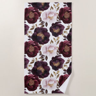 burgundy peonies flowers with gold glitter beach towel