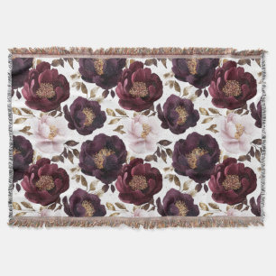 burgundy peonies flowers with gold glitter throw blanket