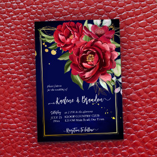 Burgundy peonies royal blue floral wedding invitation