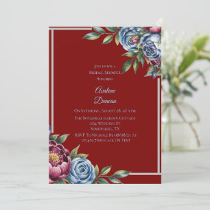 Burgundy Peony and Blue Rose Bridal Shower Invitation